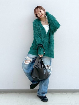 「PAGEBOY（ページボーイ）のモンスターフェザーカーディガン（カーディガン/ボレロ）」を使った、いそまるさん（レディース・168cm）の秋コーディネート