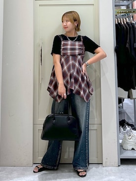 「LOWRYS FARM（ローリーズファーム）のビジューワイドストレートＰ 136104（デニムパンツ）」を使った、いそまるさん（レディース・168cm）の夏コーディネート