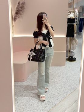 「one after another NICE CLAUP（ワンアフターアナザーナイスクラップ）の異素材ドッキングリボントップス（Tシャツ/カットソー、ホワイト系）」を使った、しんももさん（レディース・151cm）の夏コーディネート