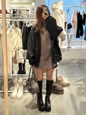 「one after another NICE CLAUP（ワンアフターアナザーナイスクラップ）のアイテム（ライダースジャケット）」を使った、しんももさん（レディース・151cm）の秋コーディネート