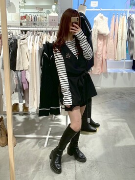 「one after another NICE CLAUP（ワンアフターアナザーナイスクラップ）のビジューボタンスカパン　2023SS（その他パンツ）」を使った、しんももさん（レディース・151cm）の冬コーディネート