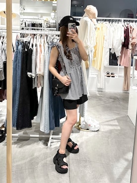 「one after another NICE CLAUP（ワンアフターアナザーナイスクラップ）のアイテム（キャップ）」を使った、しんももさん（レディース・151cm）の夏コーディネート