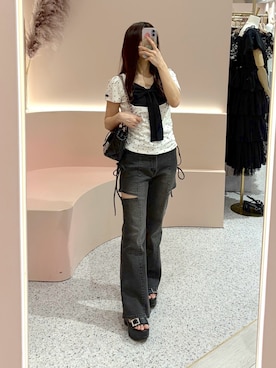 「one after another NICE CLAUP(ワンアフターアナザーナイスクラップ)のフロントリボンドッキングトップス(Tシャツ/カットソー、その他)」を使った、しんももさん(レディース・151cm)の春コーディネート