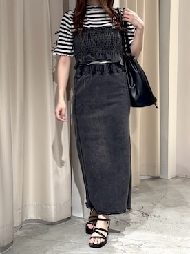「one after another NICE CLAUP（ワンアフターアナザーナイスクラップ）のアイテム（デニムスカート）」を使った、しんももさん（レディース・151cm）の夏コーディネート