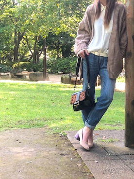 「Chaco closet（チャコ クローゼット）のケーブル編みニットボリュームスリーブルーズカーディガン（カーディガン/ボレロ）」を使った、yumi✨さん（レディース・154cm）の秋コーディネート