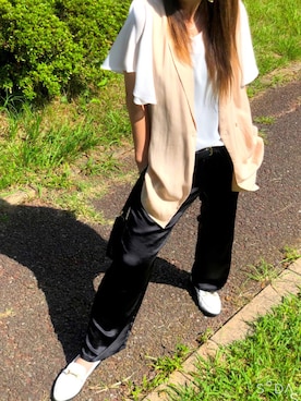 「サテンパンツ」｜「アイテム（ローファー）」を使った、yumi✨さん（レディース・154cm）の秋コーディネート