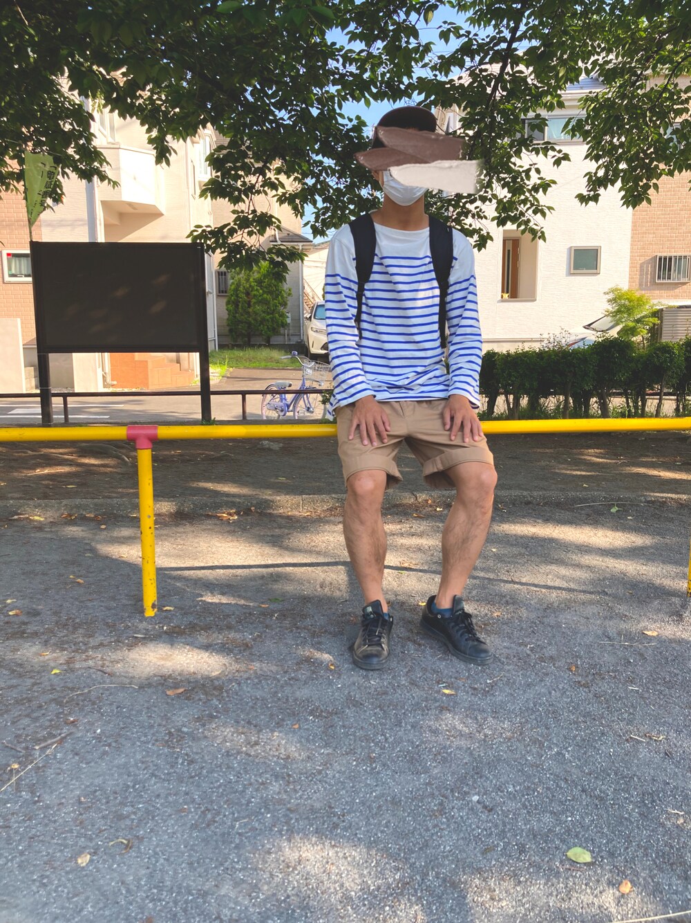 「最高気温30℃、最低気温18℃、娘撮影、公園スタイル、UNIQLO JW ANDERSON、まだ夏こないでー、patagonia」｜「adidasのアイテム（スニーカー、ブラック系）」を使った、じぇいのふくさん（メンズ・177cm）の春コーディネートの1枚目の写真