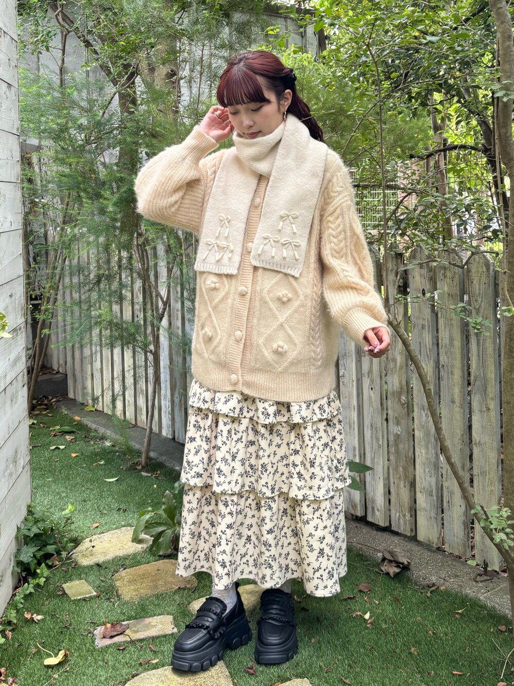 【お値引き⭐︎新品未使用】メリージェニー　リボンマフラー メリージェニー merry jenny ribbon narrowマフラー （グレー