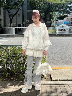 「merry jenny（メリージェニー）のflower frill laceブルゾン（ブルゾン）」を使った、miokaさん（レディース・162cm・20代）の夏コーディネート
