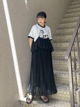 「merry jenny（メリージェニー）のlace laceストラップロングスカート（スカート）」を使った、miokaさん（レディース・162cm）の夏コーディネート