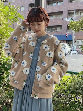 「merry jenny（メリージェニー）のfluffy pattern jacket（その他アウター）」を使った、miokaさん（レディース・162cm）の秋コーディネート
