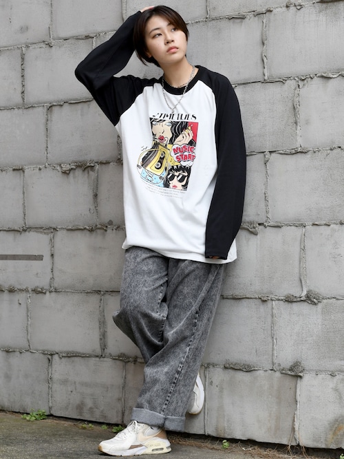 セール】oversize raglan sleeve print long sleeve T-shirt/オーバー