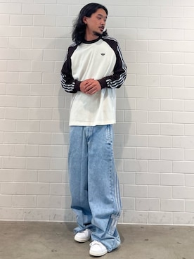 「adidas（アディダス）のブリットコア カリ 長袖Tシャツ / ロンT / アディダスオリジナルス adidas Originals（Tシャツ/カットソー、ホワイト系）」を使った、oiさん（メンズ・176cm）の夏コーディネート