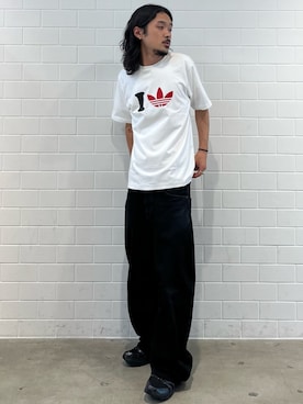 「adidas（アディダス）のアイ トレフォイル半袖Tシャツ / アディダスオリジナルス adidas Originals（Tシャツ/カットソー、ホワイト系）」を使った、oiさん（メンズ・176cm）の夏コーディネート