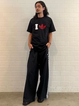 「adidas（アディダス）のアイ トレフォイル半袖Tシャツ / アディダスオリジナルス adidas Originals（Tシャツ/カットソー、ブラック系）」を使った、oiさん（メンズ・176cm）の夏コーディネート