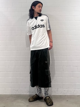 「adidas（アディダス）のCOLLARED GOALIE / アディダスオリジナルス adidas Originals（Tシャツ/カットソー、ホワイト系）」を使った、oiさん（メンズ・176cm）の夏コーディネート