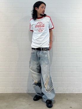 「adidas（アディダス）のコカ･コーラ クラシック スポーツ カリTシャツ / アディダスオリジナルス adidas Originals（Tシャツ/カットソー、ホワイト系）」を使った、oiさん（メンズ・176cm）の夏コーディネート