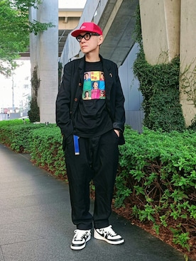 「アイテム（帽子、レッド系）」を使った、78885010さん（メンズ・174cm）の秋コーディネート