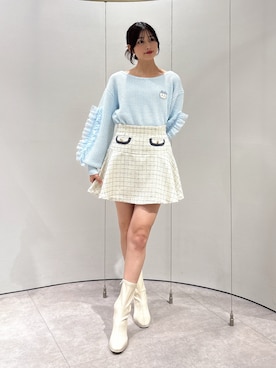 「dazzlin（ダズリン）の【ちいかわ/dazzlin specialcollection】フリルスリーブニットプルオーバー（ニット/セーター、ブルー系）」を使った、kannaさん（レディース・157cm）の秋コーディネート