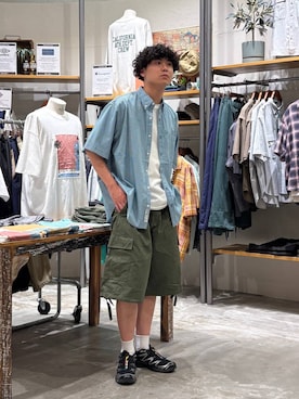 「niko and...（ニコアンド）のイージーケア柄ショートスリーブシャツ（シャツ/ブラウス、グリーン系）」を使った、sogoさん（メンズ・180cm）の春コーディネート