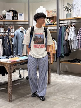「niko and...（ニコアンド）のパジャマ柄イージーパンツ（その他パンツ、ブルー系）」を使った、sogoさん（メンズ・180cm）の春コーディネート