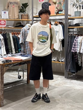 「niko and...（ニコアンド）のEXTRAワイドチノショーツ（チノパンツ、ブラック系）」を使った、sogoさん（メンズ・180cm）の夏コーディネート
