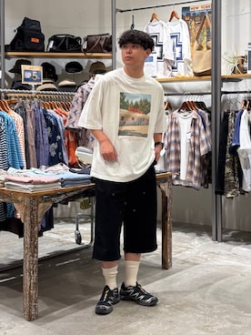 「niko and...（ニコアンド）のUSACOTTONプリントT（Tシャツ/カットソー、ホワイト系）」を使った、sogoさん（メンズ・180cm）の夏コーディネート
