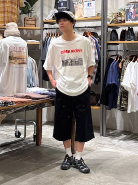 「niko and...（ニコアンド）の【コロンビア・ピクチャーズ】コラボ クラシックMOVIE Tシャツ（Tシャツ/カットソー、その他）」を使った、sogoさん（メンズ・180cm）の夏コーディネート