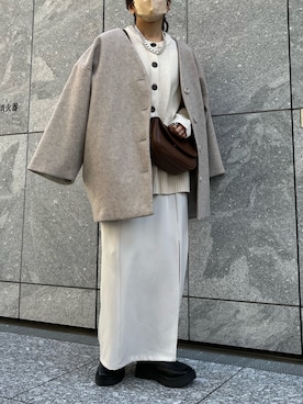 「ニットカーディガン」｜「アイテム（ノーカラーコート）」を使った、mamiさん（レディース・156cm）の冬コーディネート