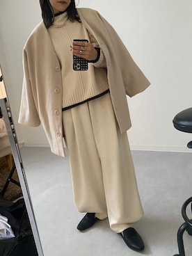 「オールホワイト」｜「アイテム（ノーカラーコート）」を使った、mamiさん（レディース・156cm）の夏コーディネート