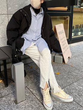 「アウターコーデ」｜「アイテム（スウェットパンツ）」を使った、mamiさん（レディース・156cm）の冬コーディネート