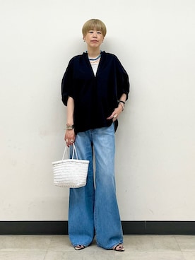 「アイテム（シャツ/ブラウス、ブルー系）」を使った、森さん（レディース・162cm）の夏コーディネート