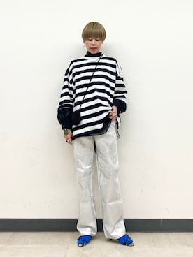 「アイテム（レッグウェア、ブルー系）」を使った、森さん（レディース・162cm）の春コーディネート