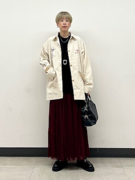 「アイテム（カバーオール）」を使った、森さん（レディース・162cm）の秋コーディネート
