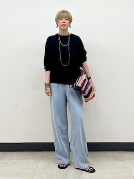 「アイテム（かごバッグ、レッド系）」を使った、森さん（レディース・162cm）の夏コーディネート