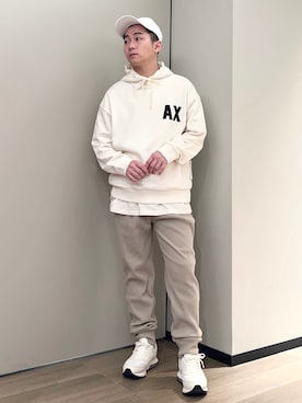 「ARMANI EXCHANGE（アルマーニエクスチェンジ）の【A|X アルマーニ エクスチェンジ】AXロゴ スウェットフーデッドプルオーバー (UNISEX CAPSULE)」を使った、🔩J.HARAさんのコーディネート