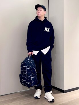「ARMANI EXCHANGE（アルマーニエクスチェンジ）の【A|X アルマーニ エクスチェンジ】AXロゴ スウェットフーデッドプルオーバー (UNISEX CAPSULE)」を使った、🔩J.HARAさんのコーディネート