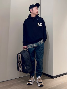 「ARMANI EXCHANGE（アルマーニエクスチェンジ）の【A|X アルマーニ エクスチェンジ】リーフデザイン　半袖ポロシャツ/REGULAR」を使った、🔩J.HARAさんのコーディネート