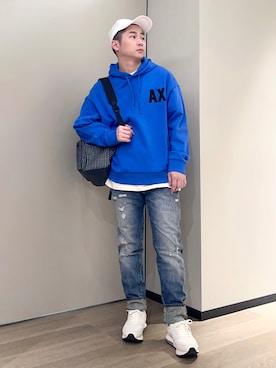 「ARMANI EXCHANGE（アルマーニエクスチェンジ）の【A|X アルマーニ エクスチェンジ】AXロゴ スウェットフーデッドプルオーバー (UNISEX CAPSULE)」を使った、🔩J.HARAさんのコーディネート