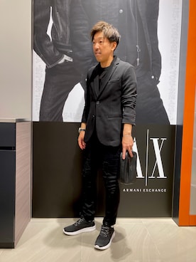 「ARMANI EXCHANGE（アルマーニエクスチェンジ）のアイテム（クラッチバッグ）」を使った、KOWさん（メンズ・174cm）の春コーディネート