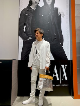 「ARMANI EXCHANGE（アルマーニエクスチェンジ）の【A|X アルマーニ エクスチェンジ】バイカー　ダメージデニムパンツ_J27/SKINNY（デニムパンツ）」を使った、KOWさん（メンズ・174cm）の夏コーディネート