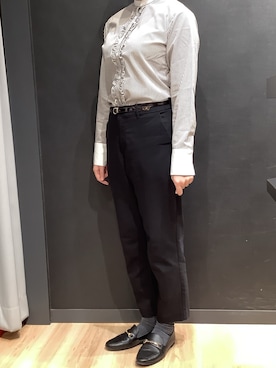 「アイテム（ビジネスシャツ、ブラウン系）」を使った、SHIRTS PLAZA 所沢店さん（レディース・157cm）の秋コーディネート