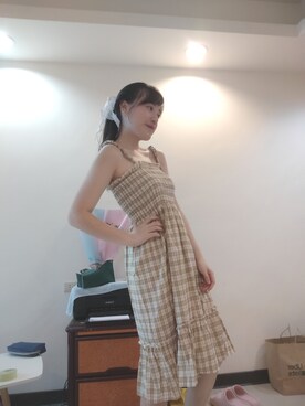 「rabbitqaqのアイテム（ワンピース、ベージュ系）」を使った、♡茹さん（レディース・164cm）の夏コーディネート