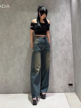 「ショート丈トップス」｜「アイテム（サンダル）」を使った、丸山幾世子さん（レディース・168cm）の夏コーディネート