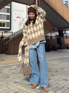 「アイテム（ニットキャップ/ビーニー）」を使った、矢萩明日美さん（レディース・152cm）の秋コーディネート