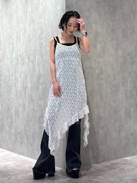 「EMODA（エモダ）のサイドオープンバルキーサンダル（サンダル）」を使った、高田莉子さん（レディース・150cm）の夏コーディネート