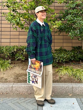 「YUYA × BeAMS DOT（ユウヤバイビームスドット）のYUYA × BeAMS DOT /  チェック ラガーシャツ（シャツ/ブラウス、グリーン系）」を使った、YUYAさん（メンズ・172cm）の秋コーディネート