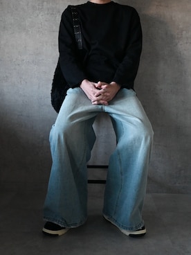 「EASENCE（イーズエンス）の【EASENCE】ボックスシルエット サイドスリット ベーシックロングスリーブTシャツ / UVカット＜COMFORT EDITシリーズ＞（Tシャツ/カットソー、ブラック系）」を使った、ちょびさん（メンズ・184cm）の春コーディネート