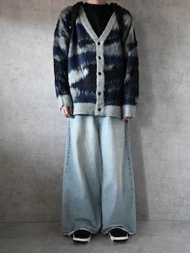 「CIASENSE（シアセンス）のmohair touch abstract loose shaggy cardigan / モヘアタッチアブストラクト ルーズ シャギーカーディガン（カーディガン/ボレロ、ブルー系）」を使った、ちょびさん（メンズ・184cm）の春コーディネート