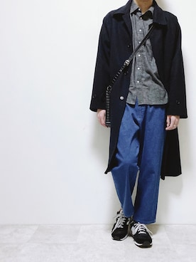 「フランネルシャツ」｜「アイテム（ステンカラーコート）」を使った、ちょびさん（メンズ・184cm）の冬コーディネート